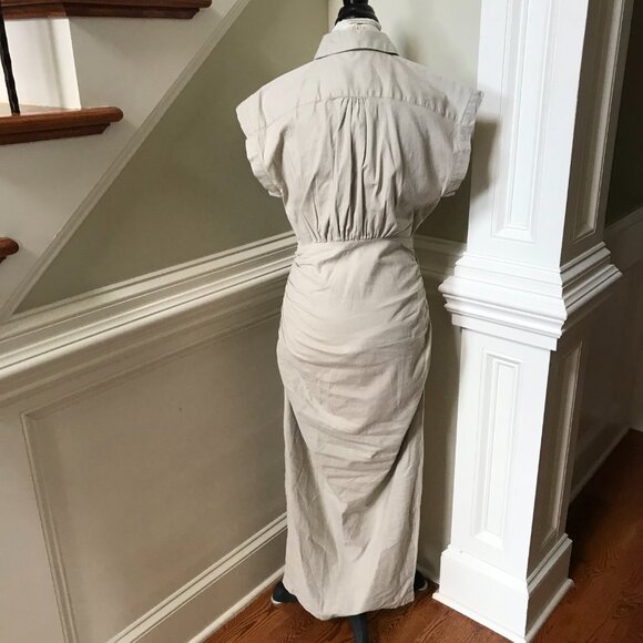 Anthropologie Cap Sleeve Ruched Shirt Dress Womens Small Khaki Tan Stretch Maxi - Picture 11 of 12